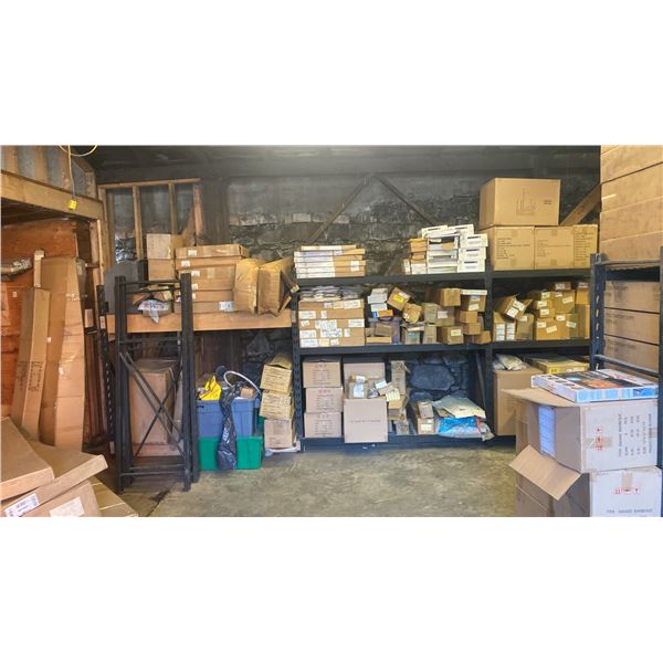 VERY LARGE GROUP LOT OF BARBECUE AND HOT TUB SERVICE PARTS, TOOLS, ETC. INCLUDES THE RACKING IN