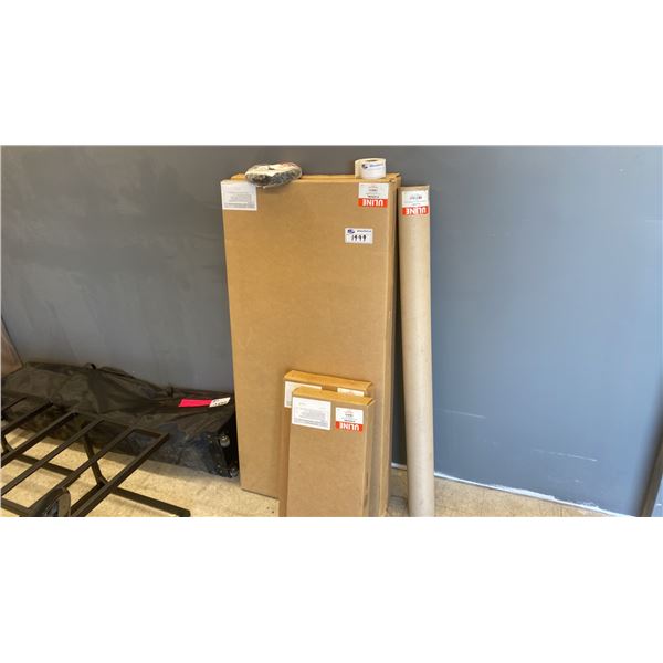 ULINE SLOT WALL AND SHELVES IN BOXES. 2 BOXES H-5062BL. ONE BOX H-5064. ONE BOX H-6353BL