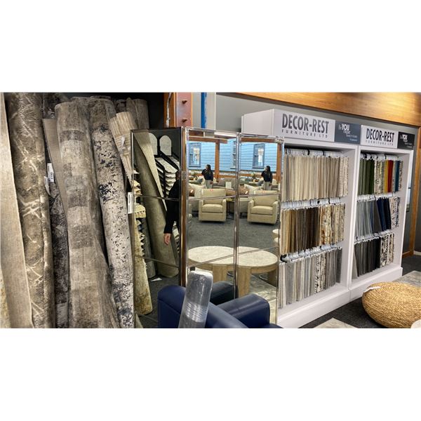 DECORREST LUXE ROOM DIVIDER, CHROME FRAME, TRI-FOLD, VINYL BACK, 5' X 6'3" HIGH