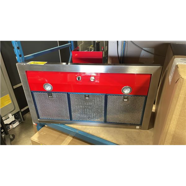 SMEG MODEL KPF9RD. PORTOFINO STAINLESS STEEL / RED 35" VINTAGE STYLE WALL MOUNTED RANGE HOOD