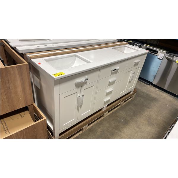 IKOU INC MODEL KA72. WHITE QUARTZ TOP 72"W X 22"D WHITE 6 DRAWER 4 DOOR BATHROOM VANITY WITH SINKS