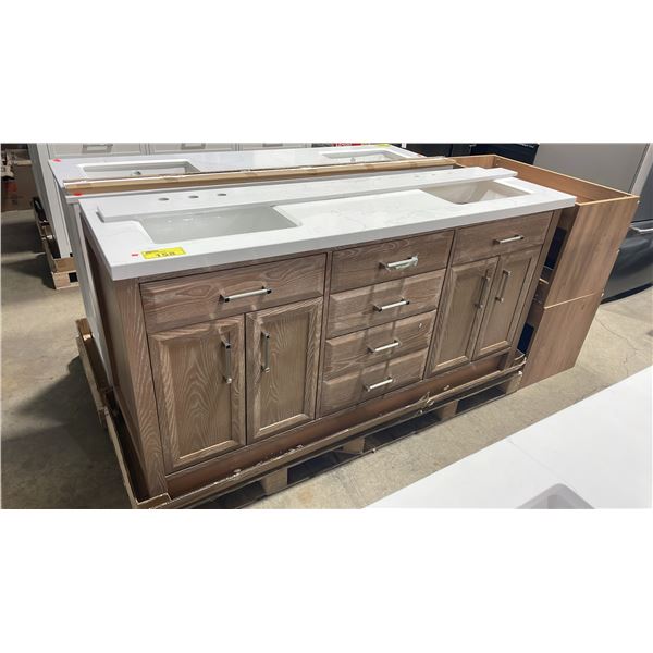 IKOU INC MODEL CA1172. WHITE QUARTZ TOP 72"W X 22"D OAK 6 DRAWER 4 DOOR BATHROOM VANITY WITH SINKS