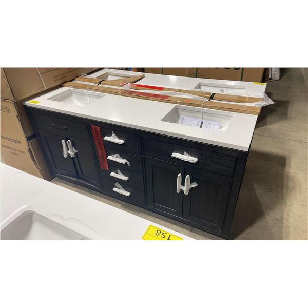 OVE MODEL ALONSO 11-72. WHITE QUARTZ TOP 72"W X 22"D DARK 6 DRAWER 4 DOOR BATHROOM VANITY WITH