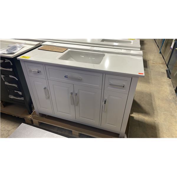 IKOU INC MODEL TO48. WHITE QUARTZ TOP 48"W X 22"D WHITE 3 DRAWER 4 DOOR BATHROOM VANITY WITH SINK