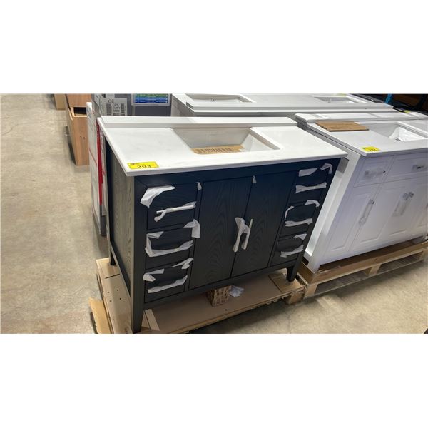 IKOU INC MODEL VA42. WHITE QUARTZ TOP 42"W X 22"D ESPRESSO 6 DRAWER 2 DOOR BATHROOM VANITY WITH SINK