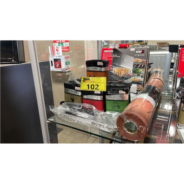 WEBER ELEVATED RACK, GRILLING LINERS, BROIL KING MEAT WRAP PAPER, ASSORTED TRAEGER SPICES &