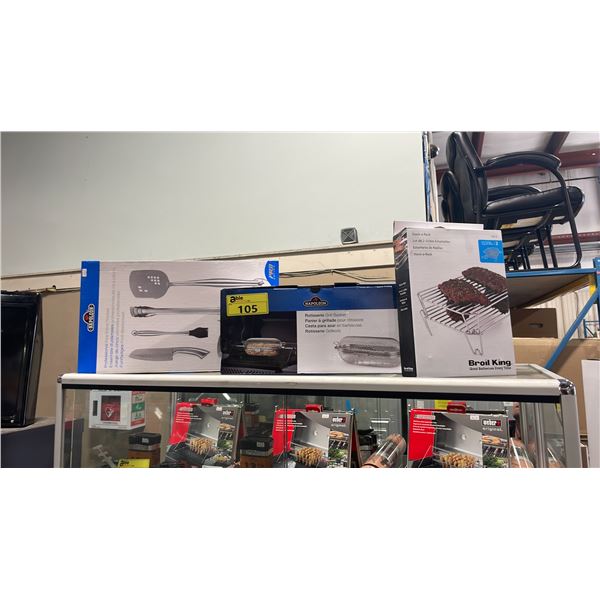 NAPOLEON ROTISSERIE GRILL BASKET, NAPOLEON PROFESSIONAL GRILL TOOL SET, & BROIL KING STACK RACKS