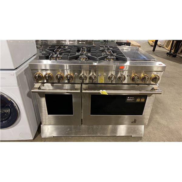 JENNAIR RISE STAINLESS STEEL 48" 6 BURNER DUAL FUEL PROFESSIONAL STYLE RANGE WITH CHROME-INFUSED