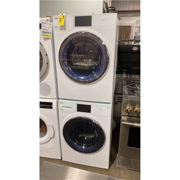HAIER MODEL QFD15ESMNWW. & QFW150SSNWW. WHITE STACKABLE COMPACT FRONT LOAD WASHER AND DRYER SET