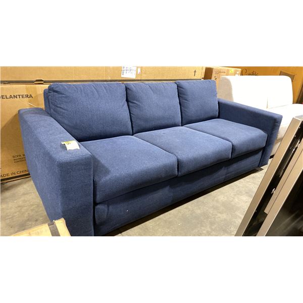 BLUE FABRIC MODERN 3 SEAT SINGLE FOLD OUT HIDE A BED SOFA APPROX 80"L X 37"D
