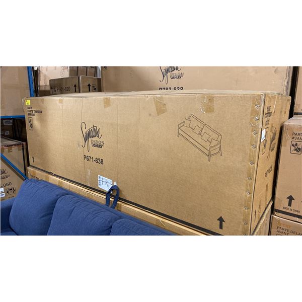 ASHLEY SIGNATURE DESIGN MODEL P671-838. SERENE BAY OUTDOOR SOFA WITH DARK BROWN WOOD LOOK FINISH