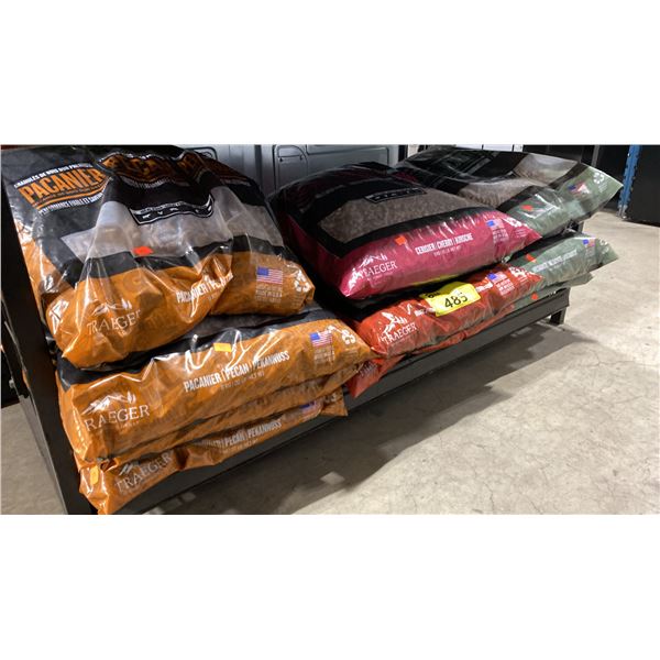 10 ASSORTED 20LB BAGS OF TRAEGER PELLETS- CHERRY, PECAN, MESQUITE, SIGNATURE BLEND & APPLE