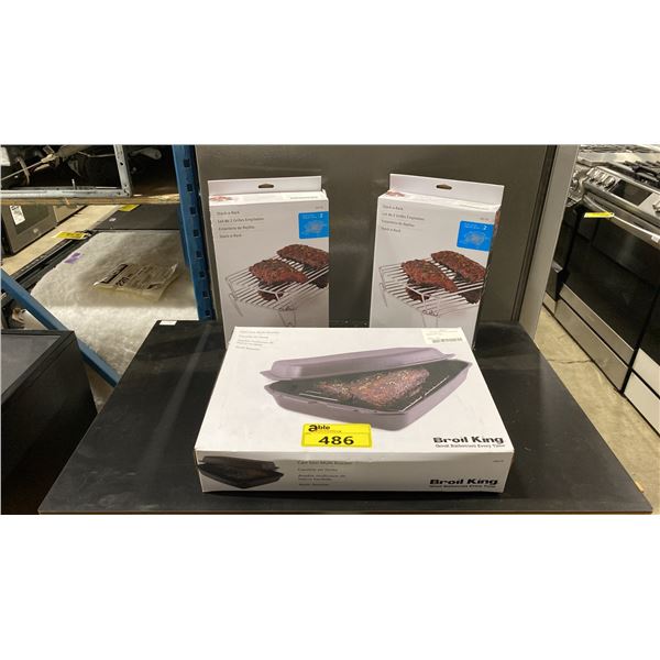 BROIL KING CAST IRON MULTI ROASTER WITH 2 SETS OF 2 BROIL KING STACK-A-RACKS