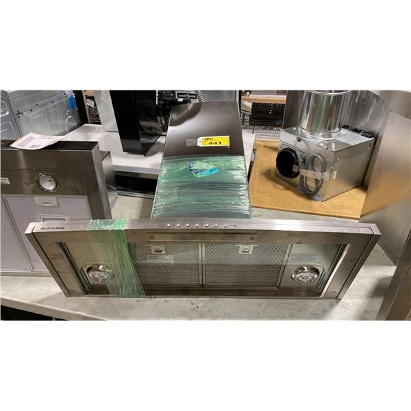 MONOGRAM MODEL ZV800SJSS. 36" STAINLESS STEEL CHIMNEY-STYLE RANGE HOOD WITH SLIDE OUT GLASS CANOPY