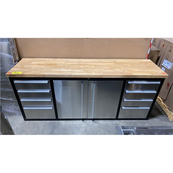 TRINITY 72" 8 DRAWER, 2 DOOR BLACK/STAINLESS STEEL MOBILE LOCKING WORKBENCH WITH NATURAL WOOD TOP