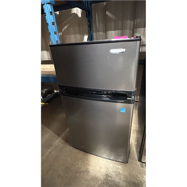 DANBY MODEL DCR031B1BSLDD. STAINLESS STEEL 2 DOOR COMPACT REFRIGERATOR