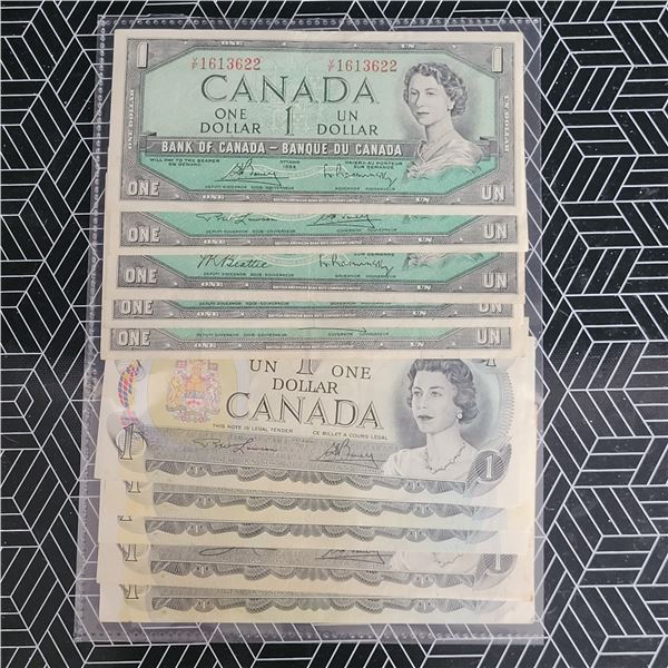 Lot of 10 Canada $1 Bank Notes 1954 & 1973