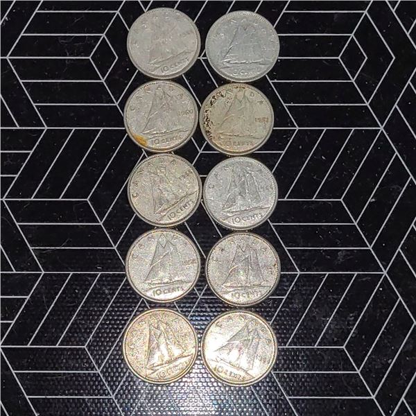 10 Canadian Silver Dimes 1959-1964