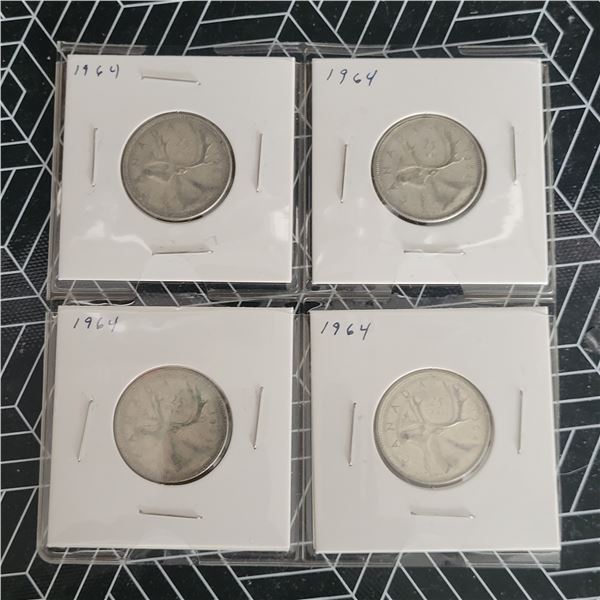 4 Canadian Silver Quarters 1964