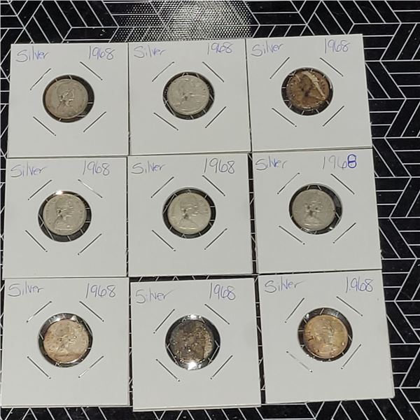 9 Canadian Silver Dimes 1968