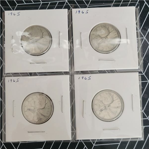4 Canadian Silver Quarters 1965