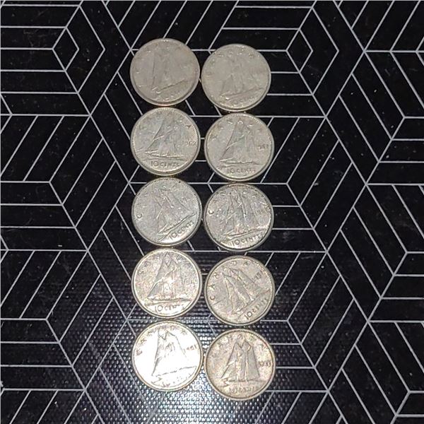 10 Canadian Silver Dimes 1946-1965