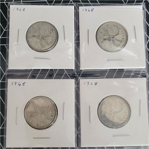 4 Canadian Silver Quarters 1968