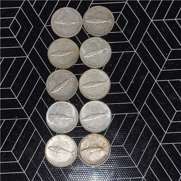10 Canadian Silver Dimes 1967