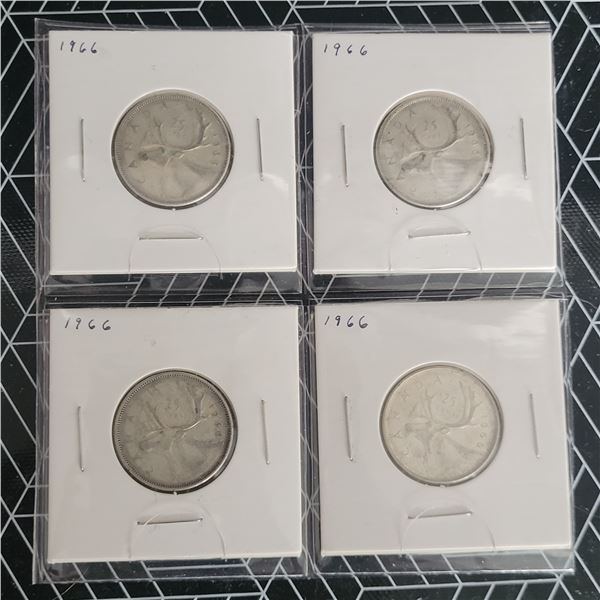 4 Canadian Silver Quarters 1966