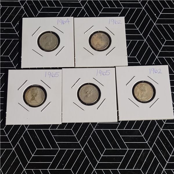 5 Canadian Silver Dimes 1961-1966