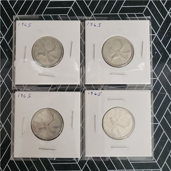 4 Canadian Silver Quarters 1965