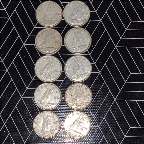 10 Canadian Silver Dimes 1940-1955