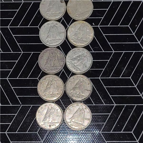 10 Canadian Silver Dimes1940-1966