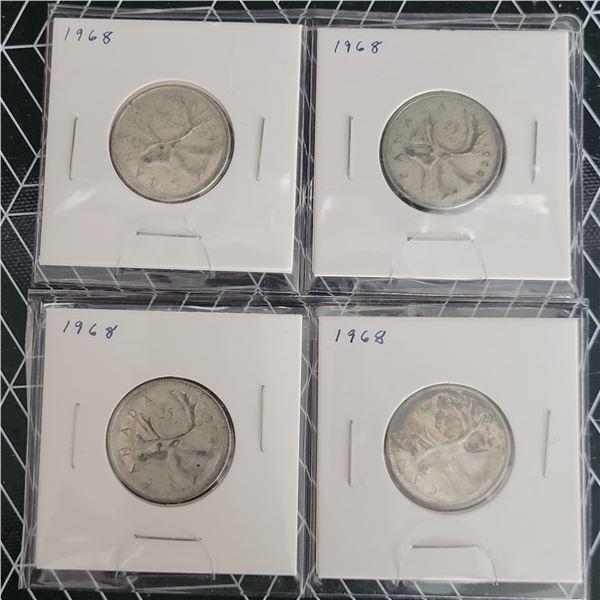 4 Canadian Silver Quarters 1968