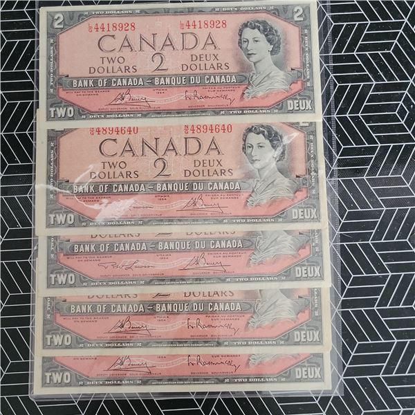 Lot of 5 $2 1954 Canada Bank Notes