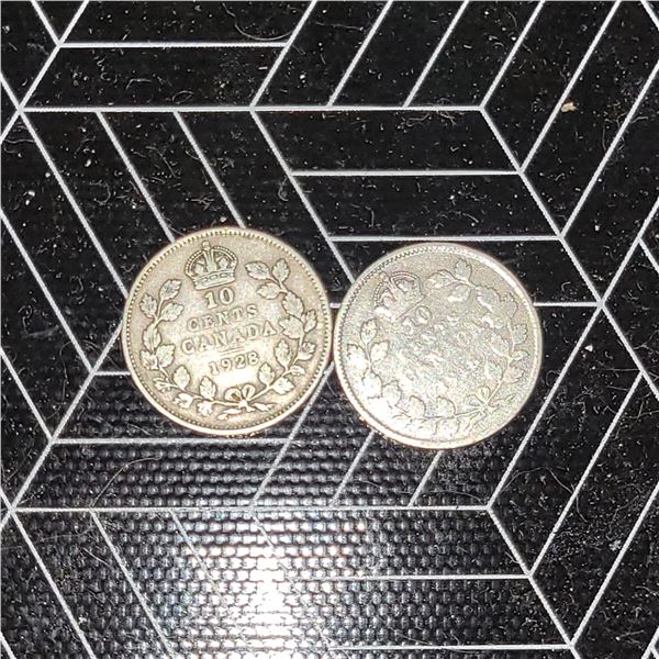 2 Canadian Silver Dimes King George 1918 & 1928