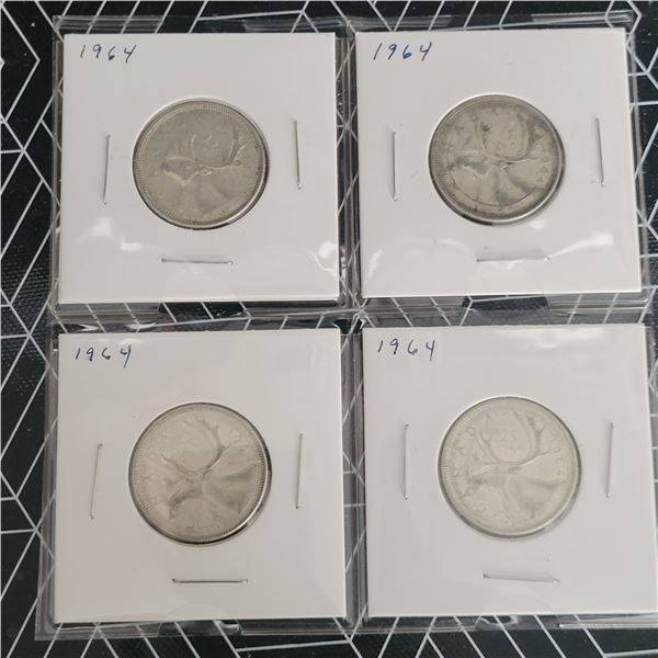 4 Canadian Silver Quarters 1964