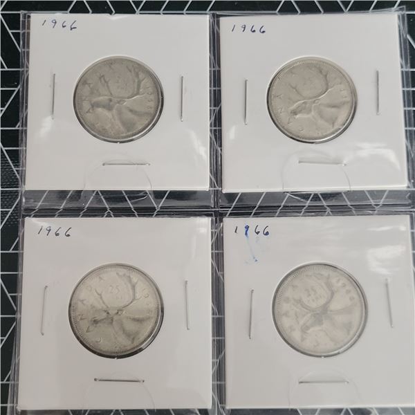 4 Canadian Silver Quarters 1966