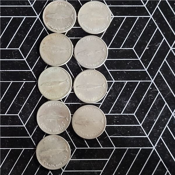 9 Canadian Silver Dimes 1967