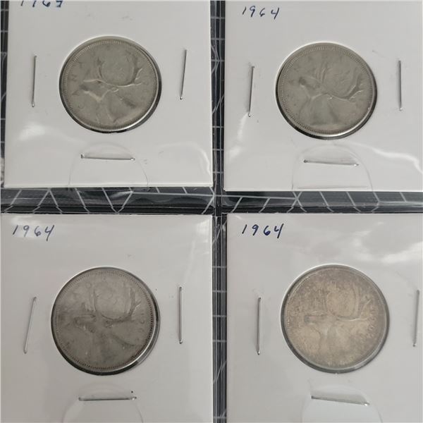 4 Canadian Silver Quarters 1964