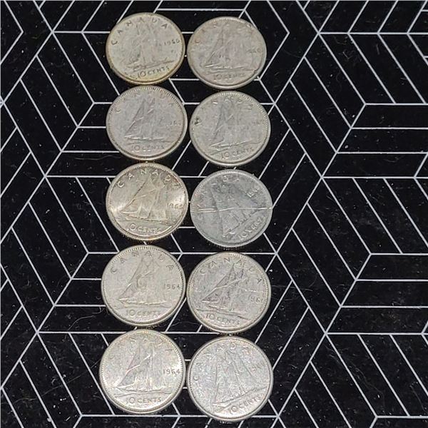 10 Canadian Silver Dimes 1943-1966