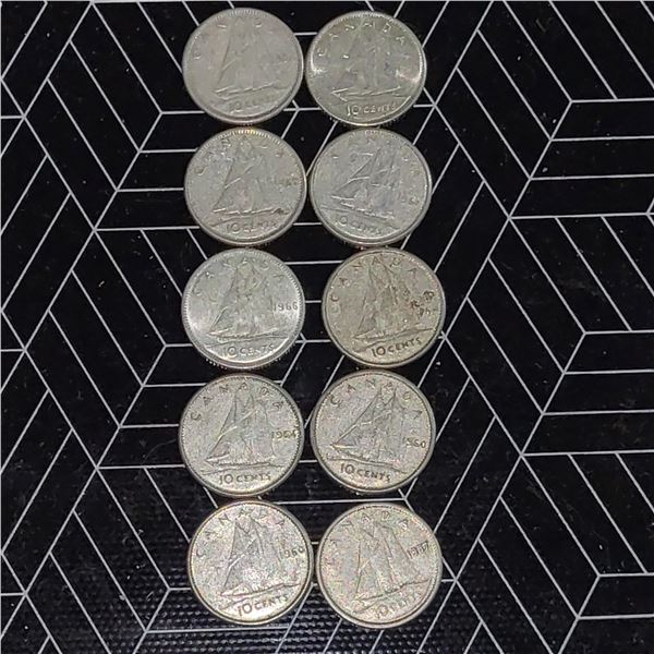 10 Canadian Silver Dimes 1957-1966