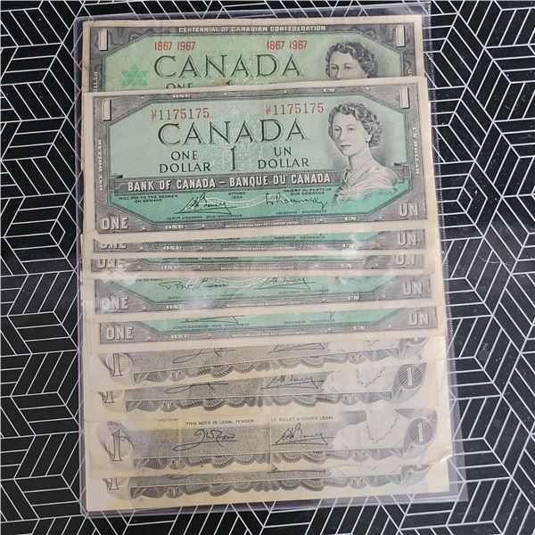 Lot of 10 Canada $1 Bank Notes 1954, 1967 & 1973