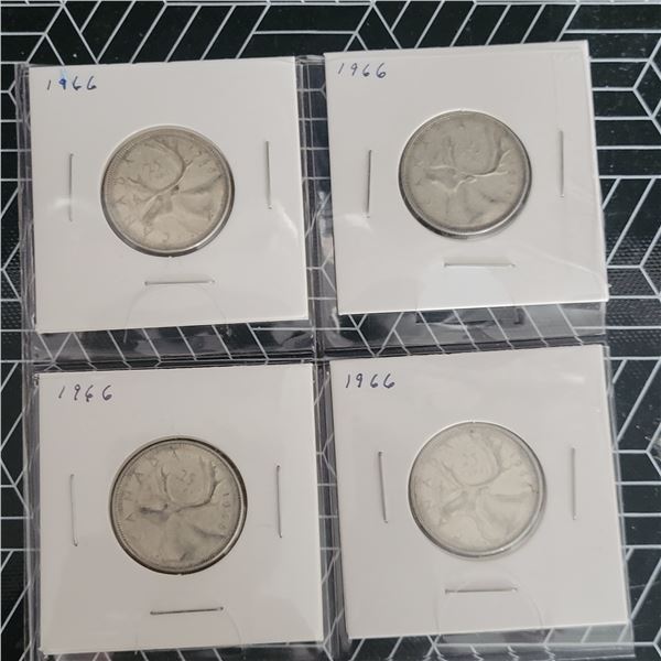 4 Canadian Silver Quarters 1966