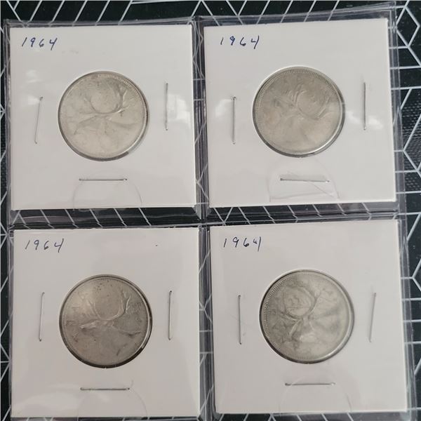 4 Canadian Silver Quarters 1964