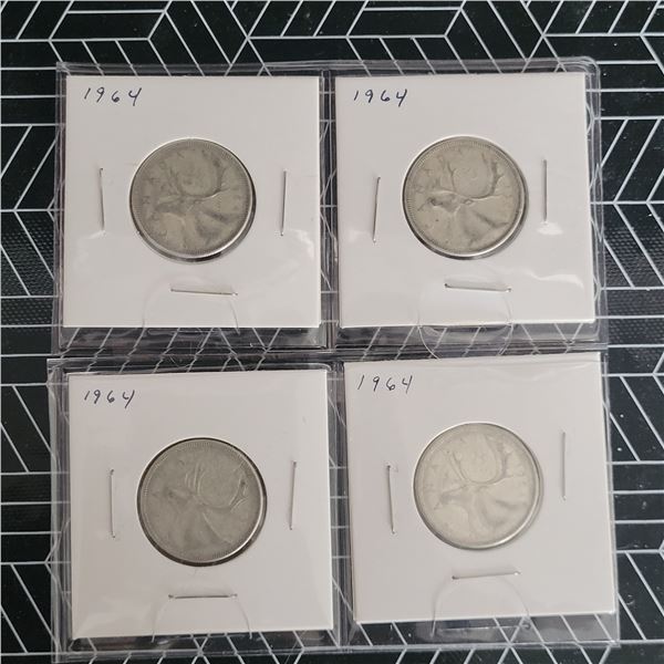4 Canadian Silver Quarters 1964