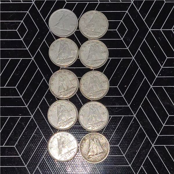 10 Canadian Silver Dimes 1941-1965