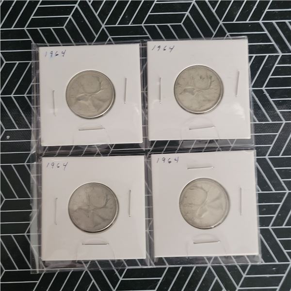 4 Canadian Silver Quarters 1964