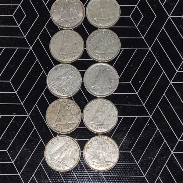 10 Canadian Silver Dimes 7x1968, 2x1940 1x 1937
