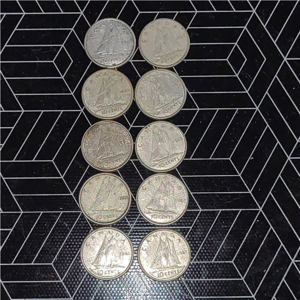 10 Canadian Silver Dimes 1968-1964
